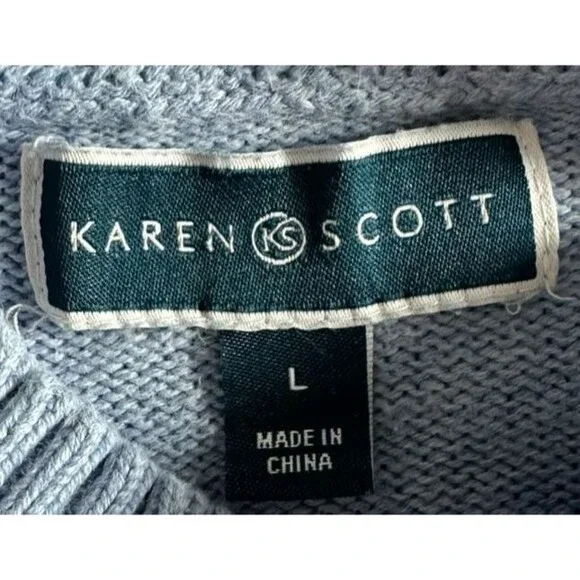 Karen Scott Cable Knit Mock Neck Sweater Size L Blue Coastal Grandma Old Money - Picture 5 of 8